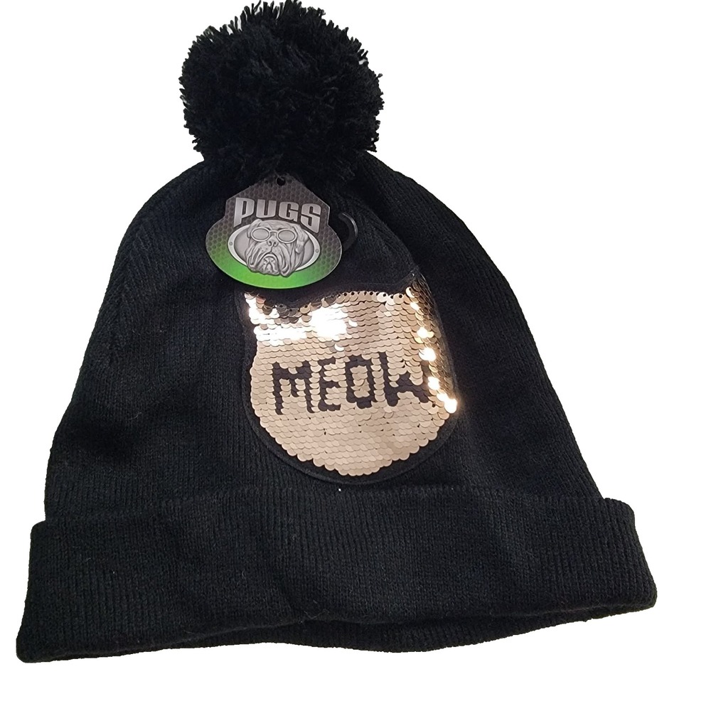 Pugs Toboggan Pom Pom Knit Beanie Black Gold Meow Sequin Hat